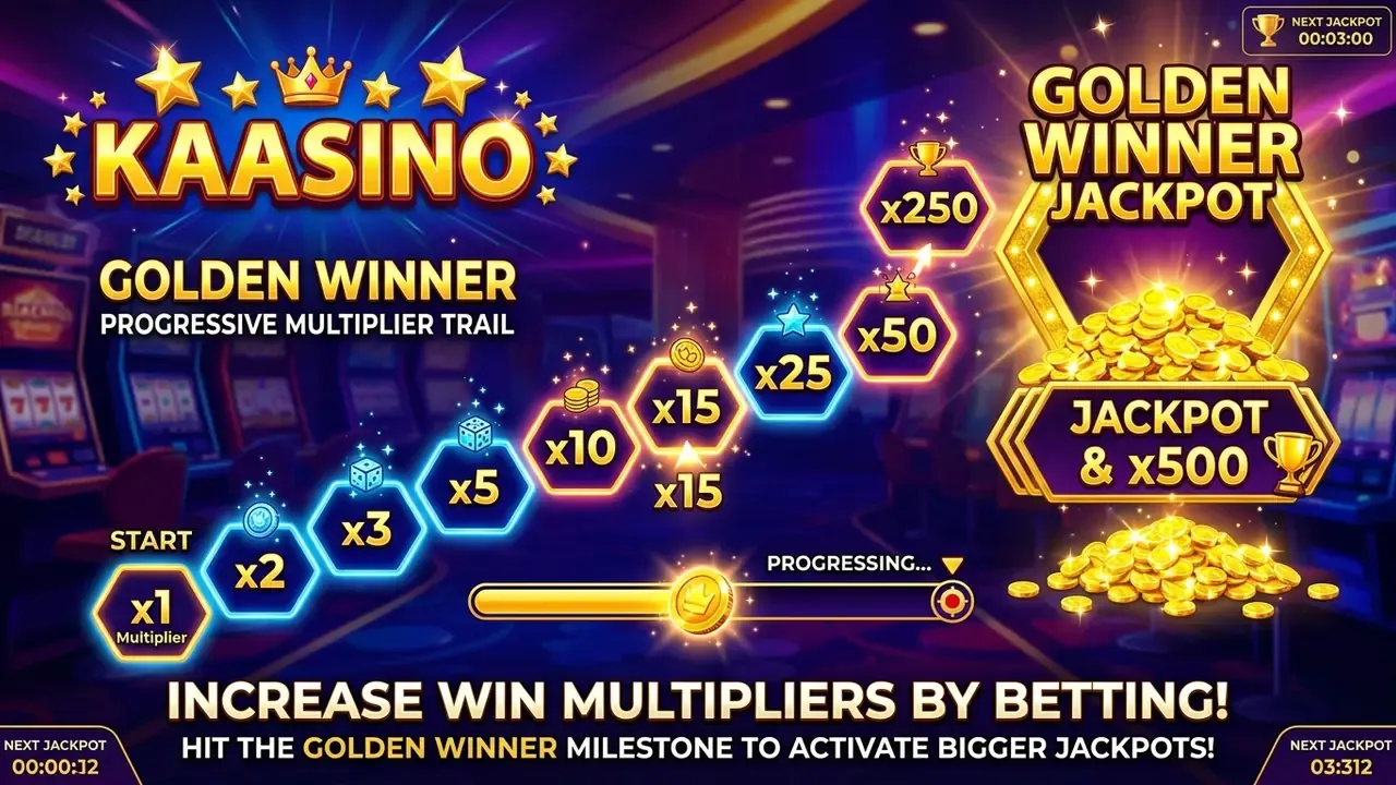Diagram of the Golden Winner 12-step bell trail showing stage 1 at 2x, stage 2 at 3x and stage 3 at 10x multipliers with +10 free spins at each stage