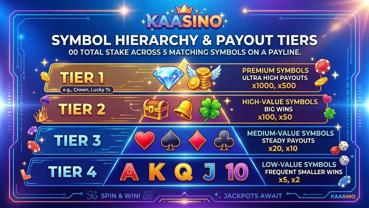 Golden Winner slot symbol hierarchy infographic showing low fruit symbols, cherries, Blue and Red BAR, Blue 7, Red 7 and Golden Bell payout values at a £1 stake